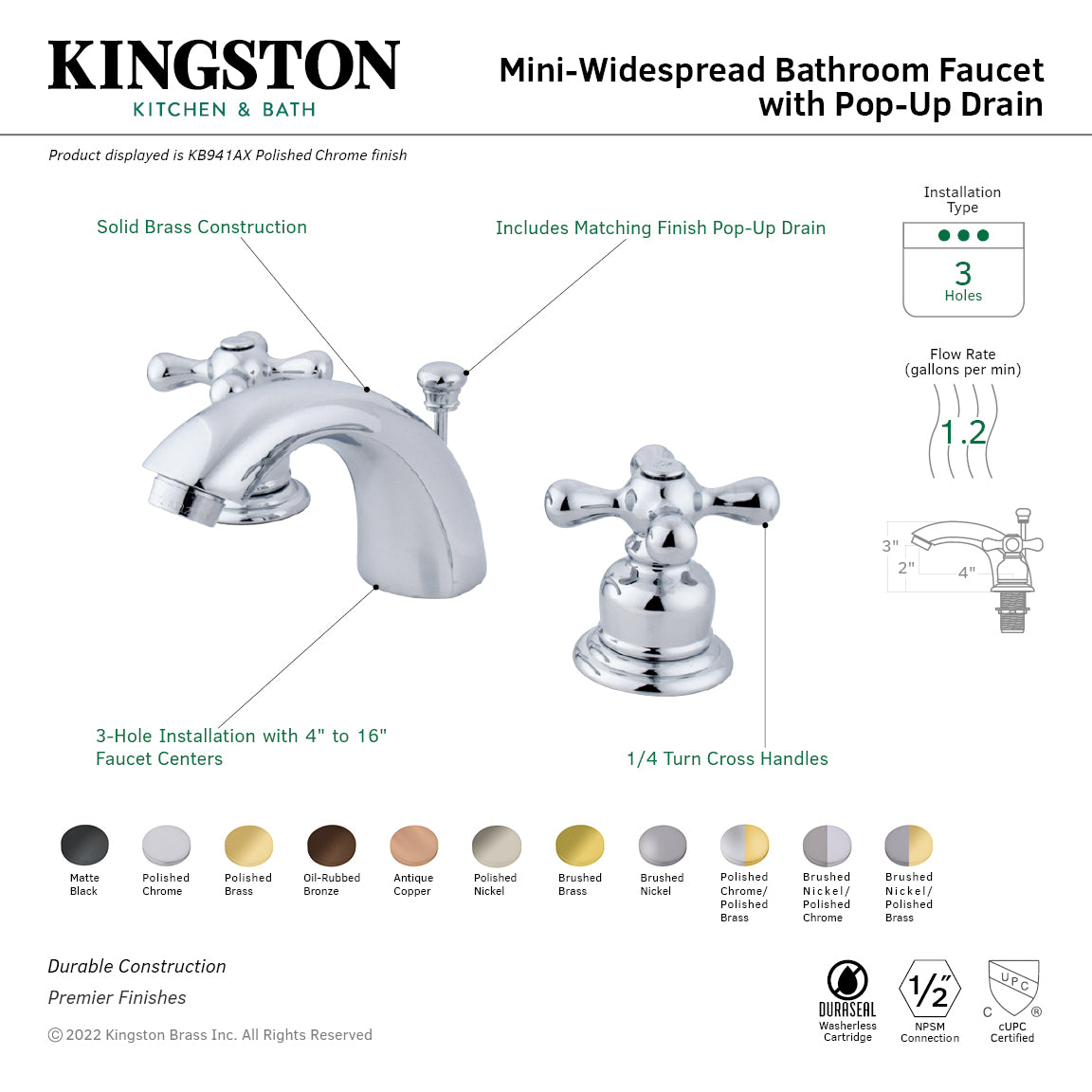 Kingston Heirloom KB945AX - Victorian Two-Handle 3-Hole Deck Mount Mini-Widespread Bathroom Faucet with Pop-Up Drain, Oil Rubbed Bronze — thumbnail 2